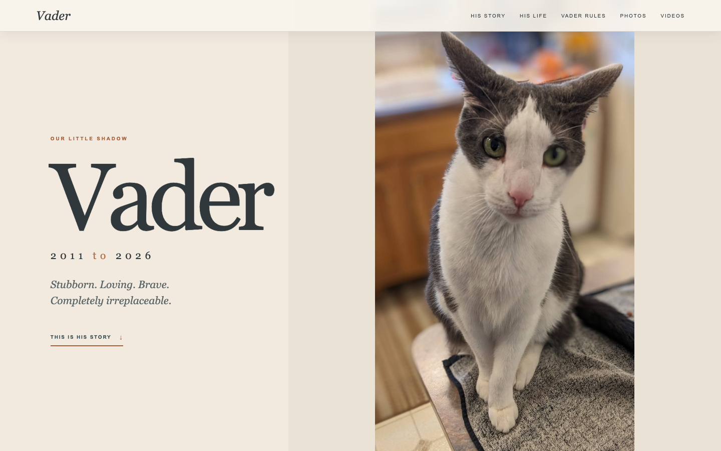 Screenshot of Vader's memorial homepage